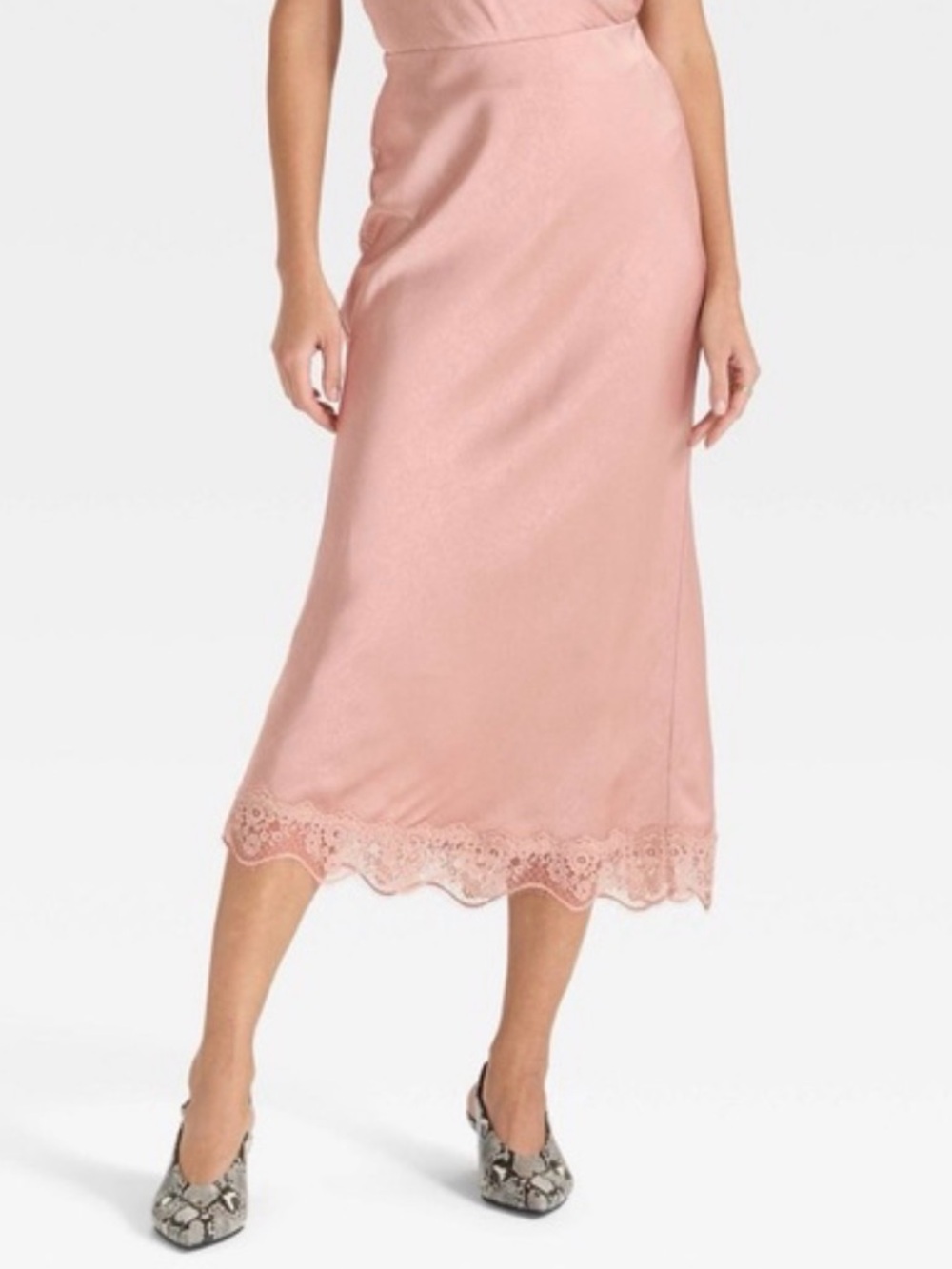 NWT Lace Trim Midi Skirt - A New Day - Pink - Satin Silky - Lace Trim